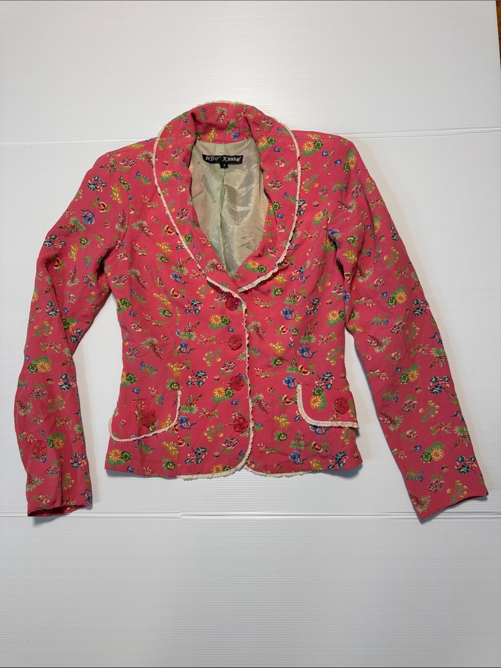 BETSEY JOHNSON Black Label 90s Vintage Lace Floral Pink Women's Blazer Jacket 4